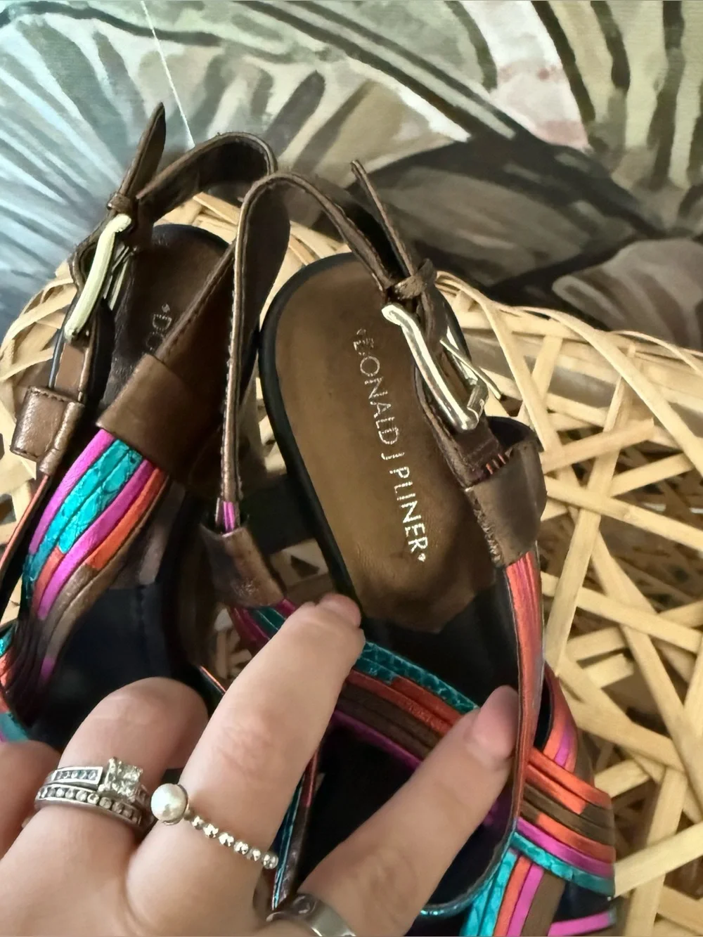 DONALD J PLINER metallic multicolored Brown leather platform wedge sandals boho